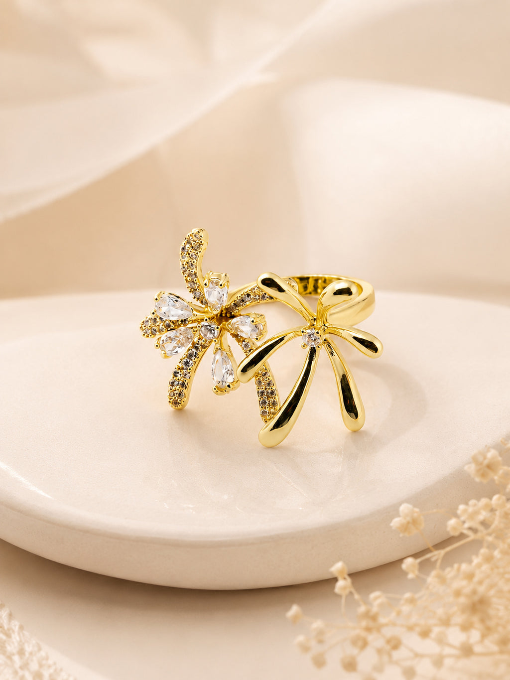 18K Gold Plated Twin Bloom Waterproof Crystal Ring