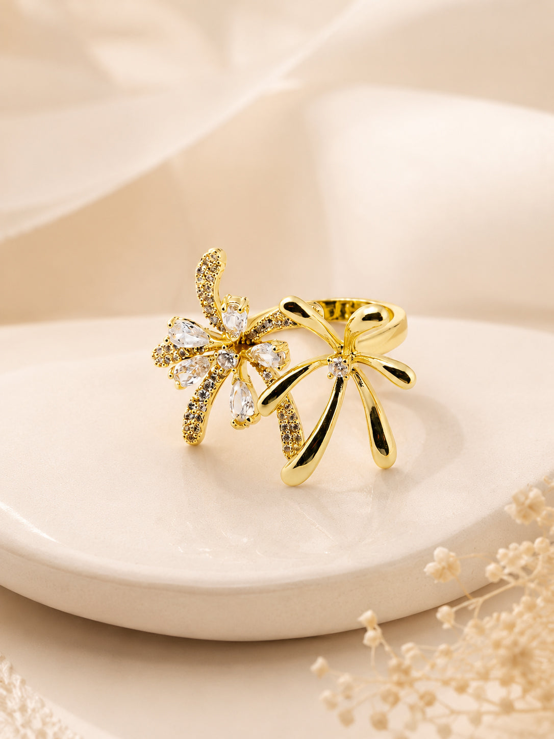 18K Gold Plated Twin Bloom Waterproof Crystal Ring
