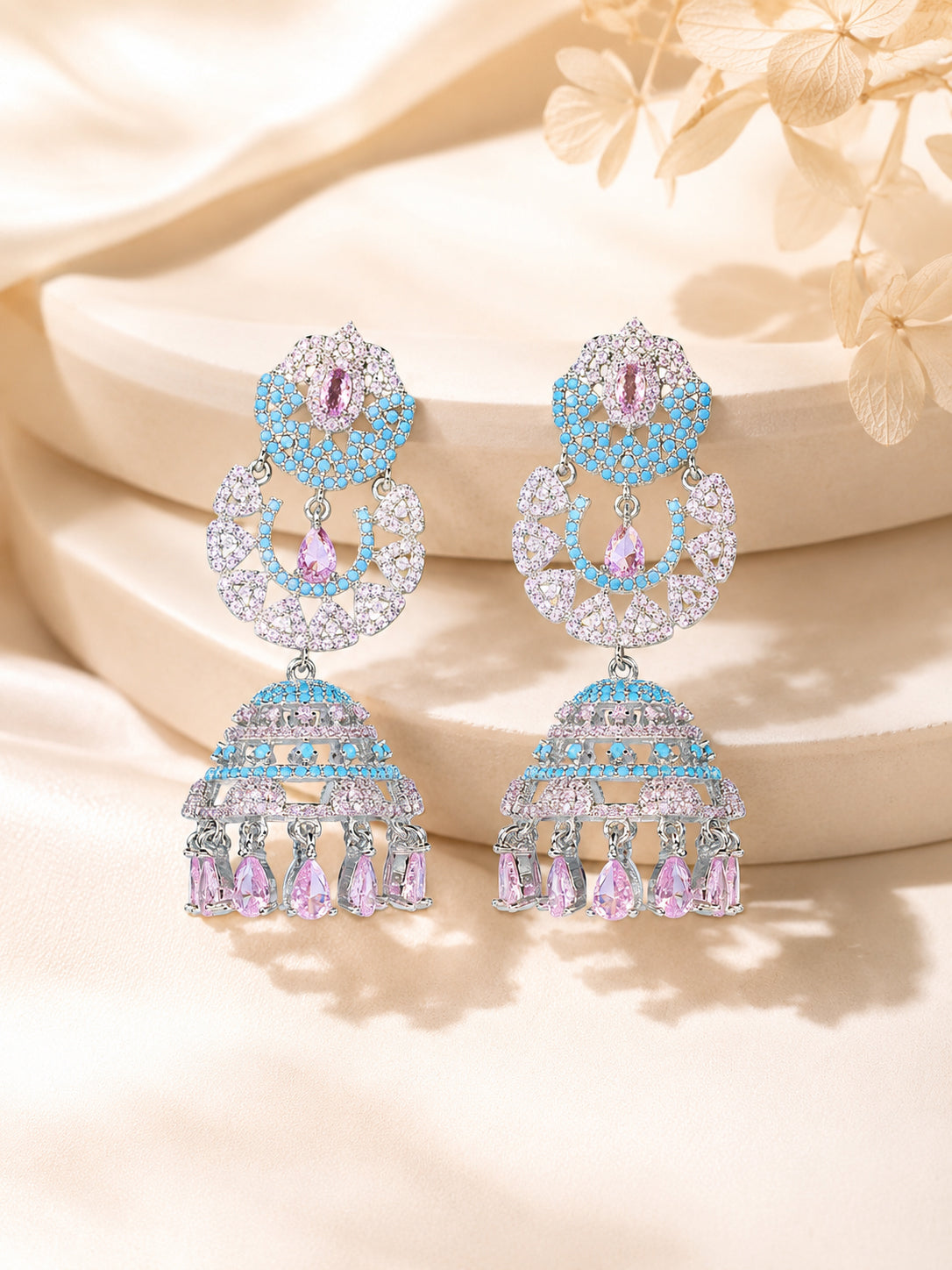 Aanura Silver Pink Crystal Oval Drop Earrings