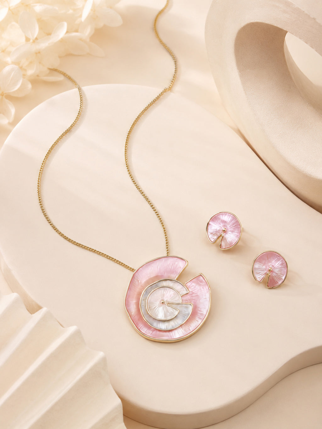 Aanura Pink Spiral Shell Necklace & Earrings Set