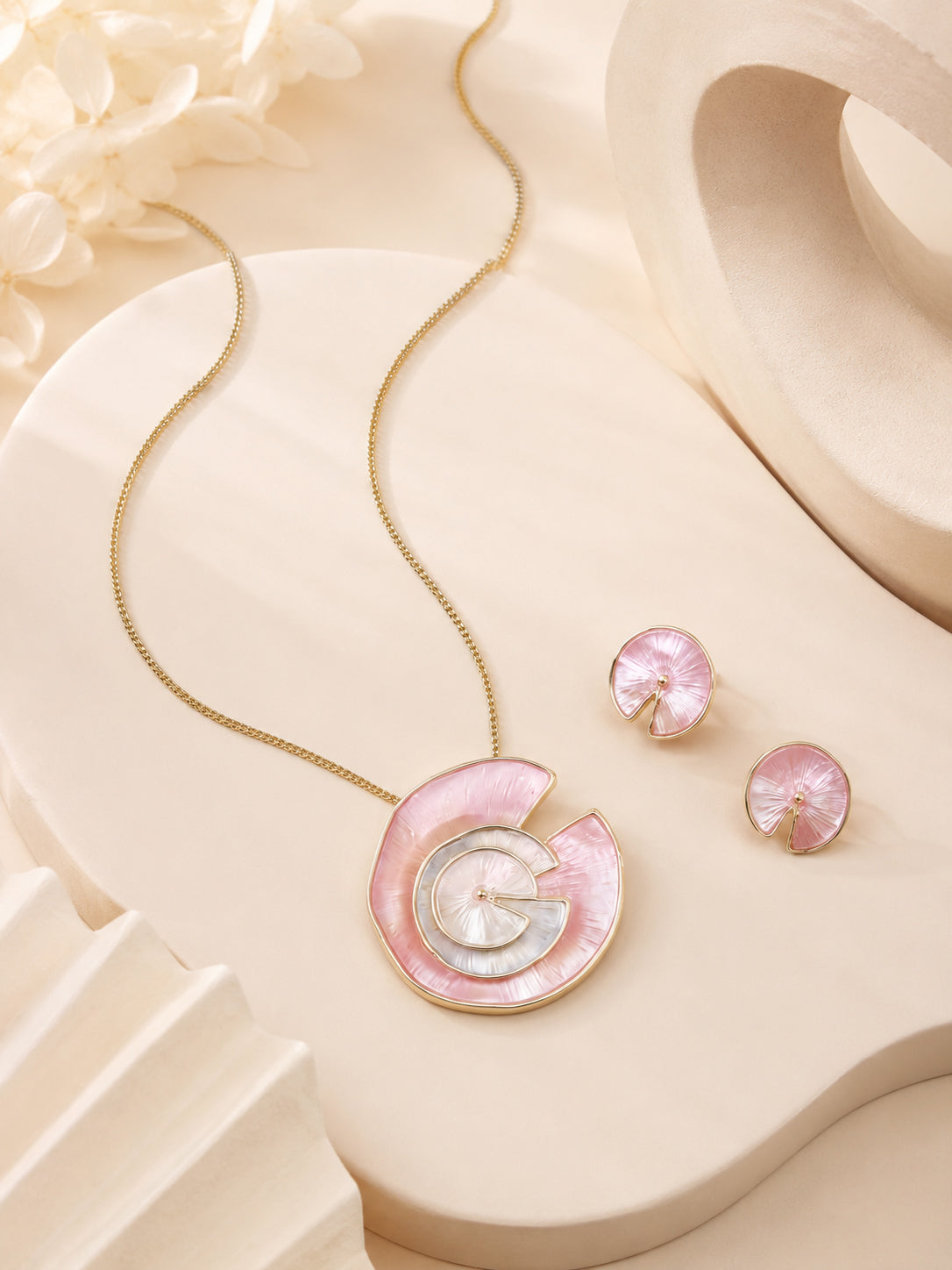 Aanura Pink Spiral Shell Necklace & Earrings Set