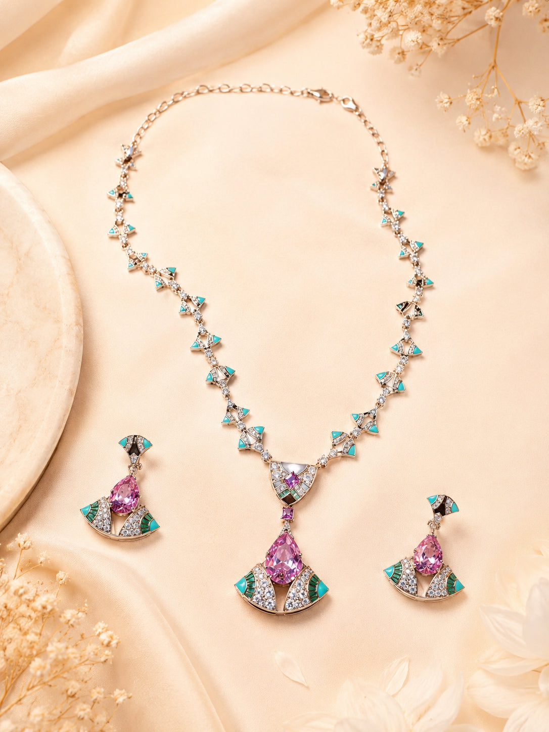 Aanura Pink Tourmaline Statement Necklace Set