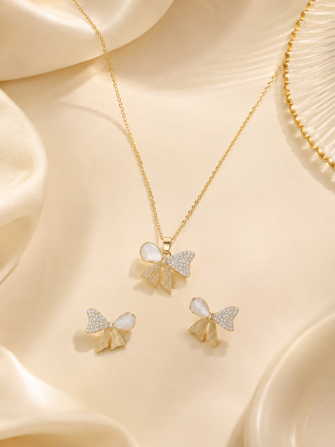 Golden Bow Pearl Necklace & Earrings Set