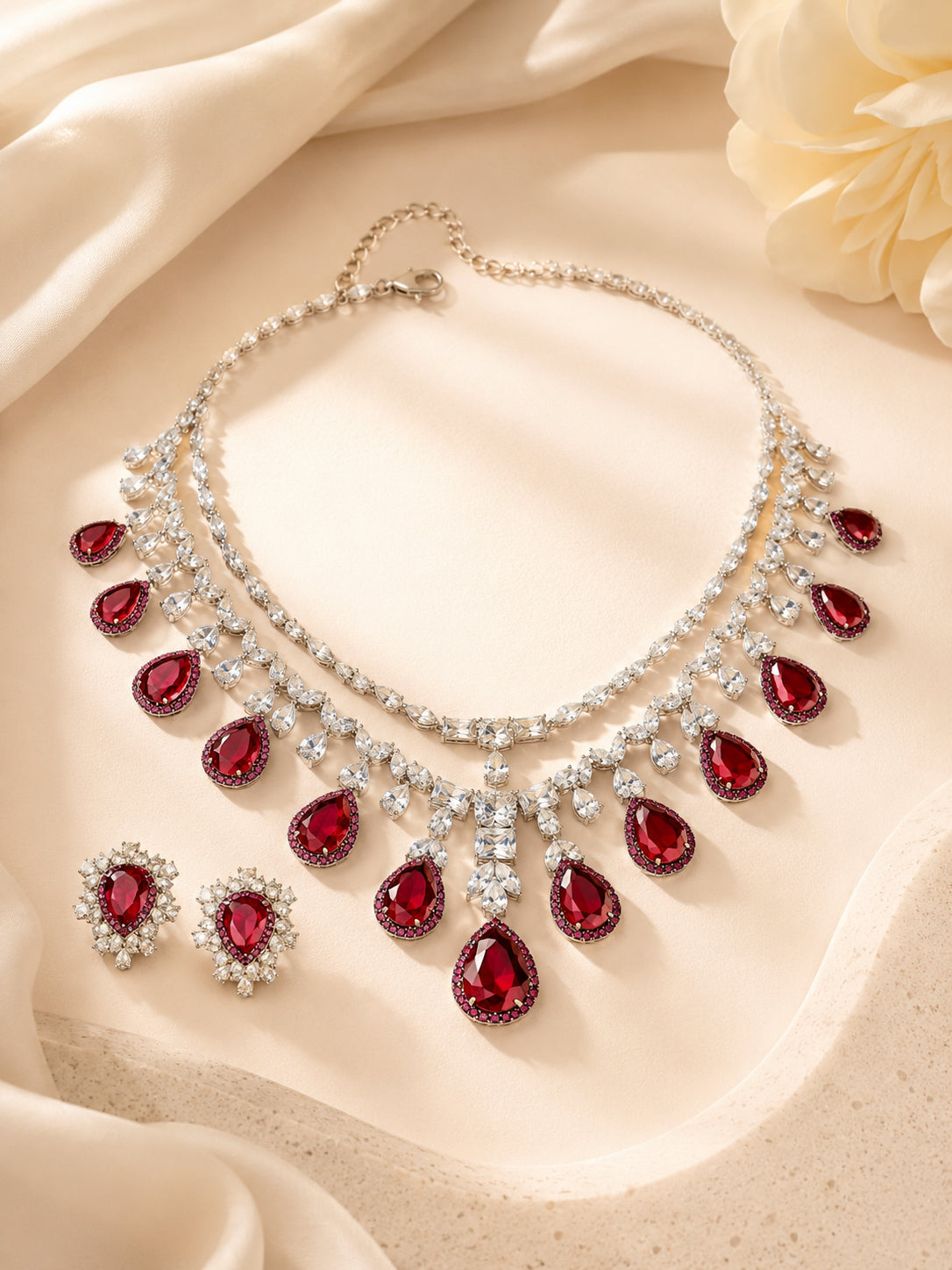 Aanura Ruby Teardrop Layered Necklace Set Stainless Steel