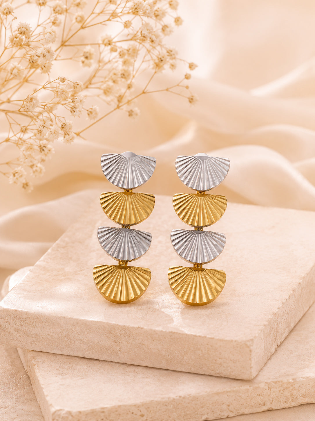 Aanura Solaris Fan Cascade Earrings – Dual-Tone Stainless Steel