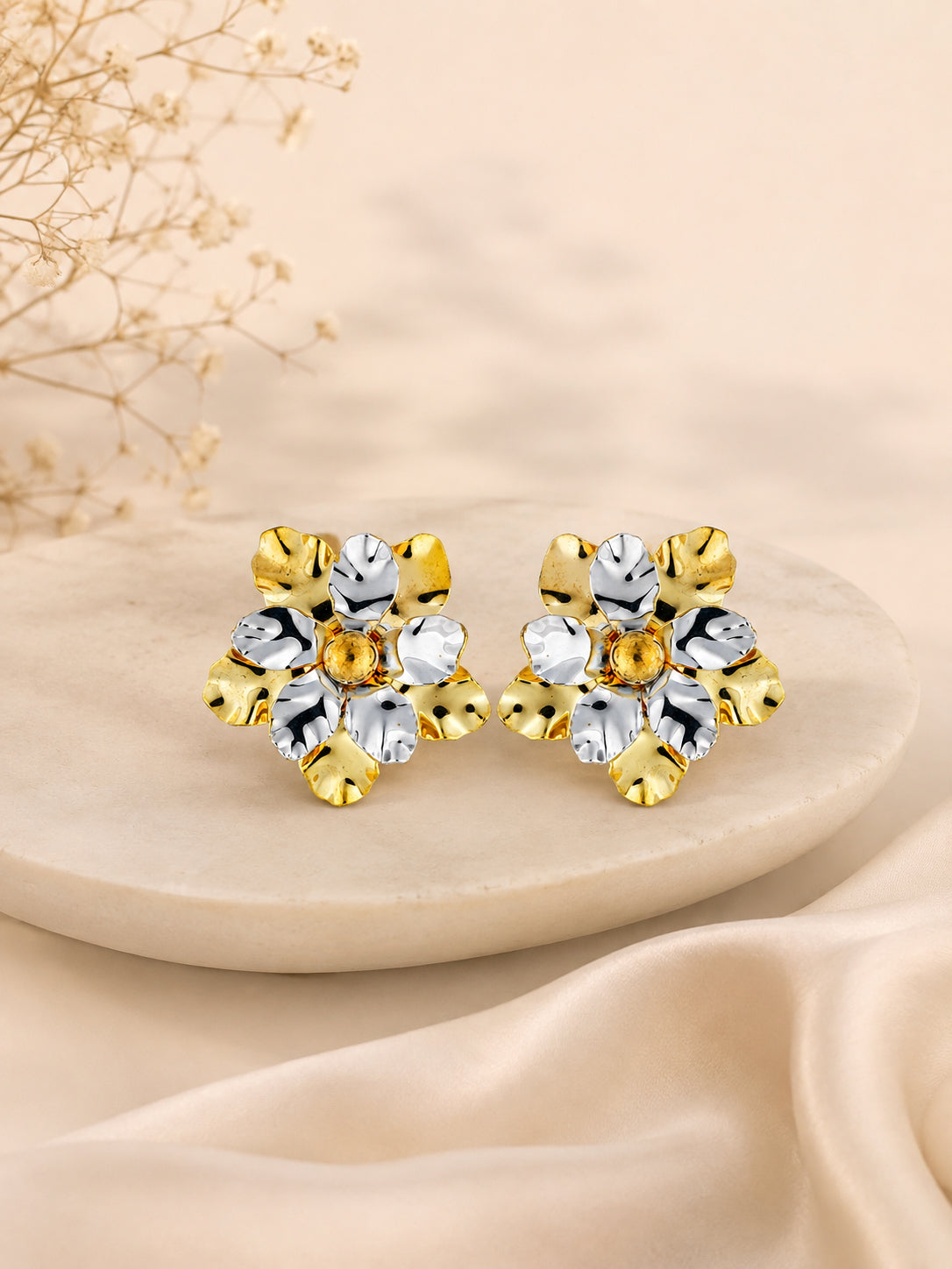 Aanura Dual Tone Floral Gold Statement Earrings