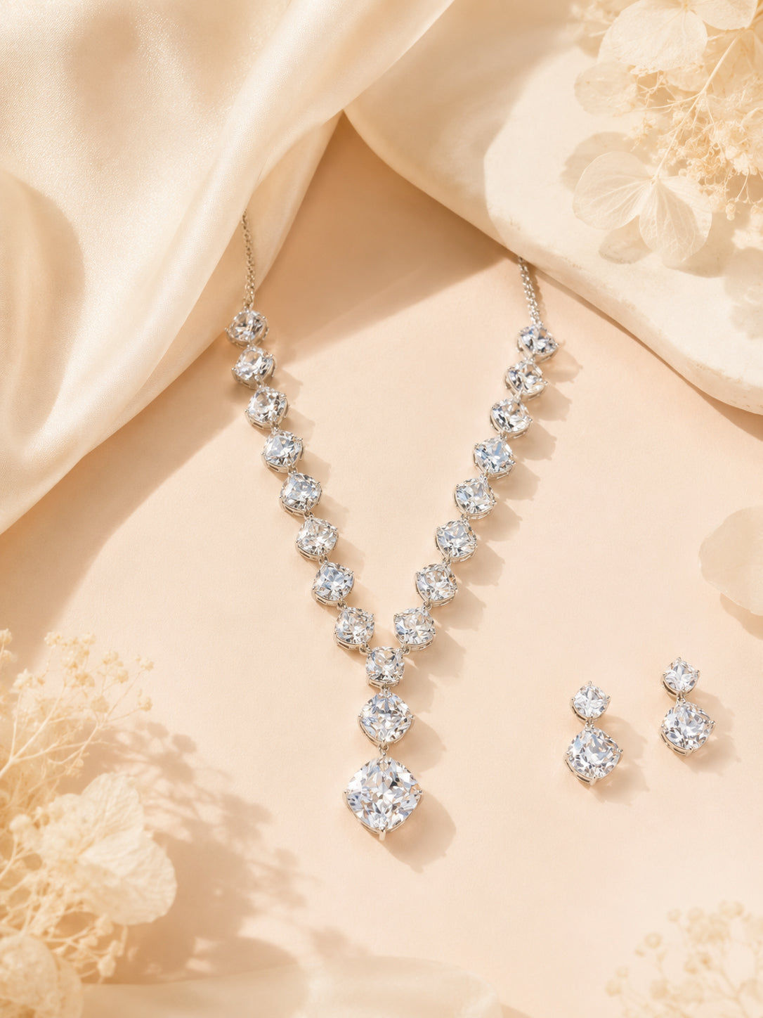 Aanura Clear Crystal Drop Necklace Set in Stainless Steel