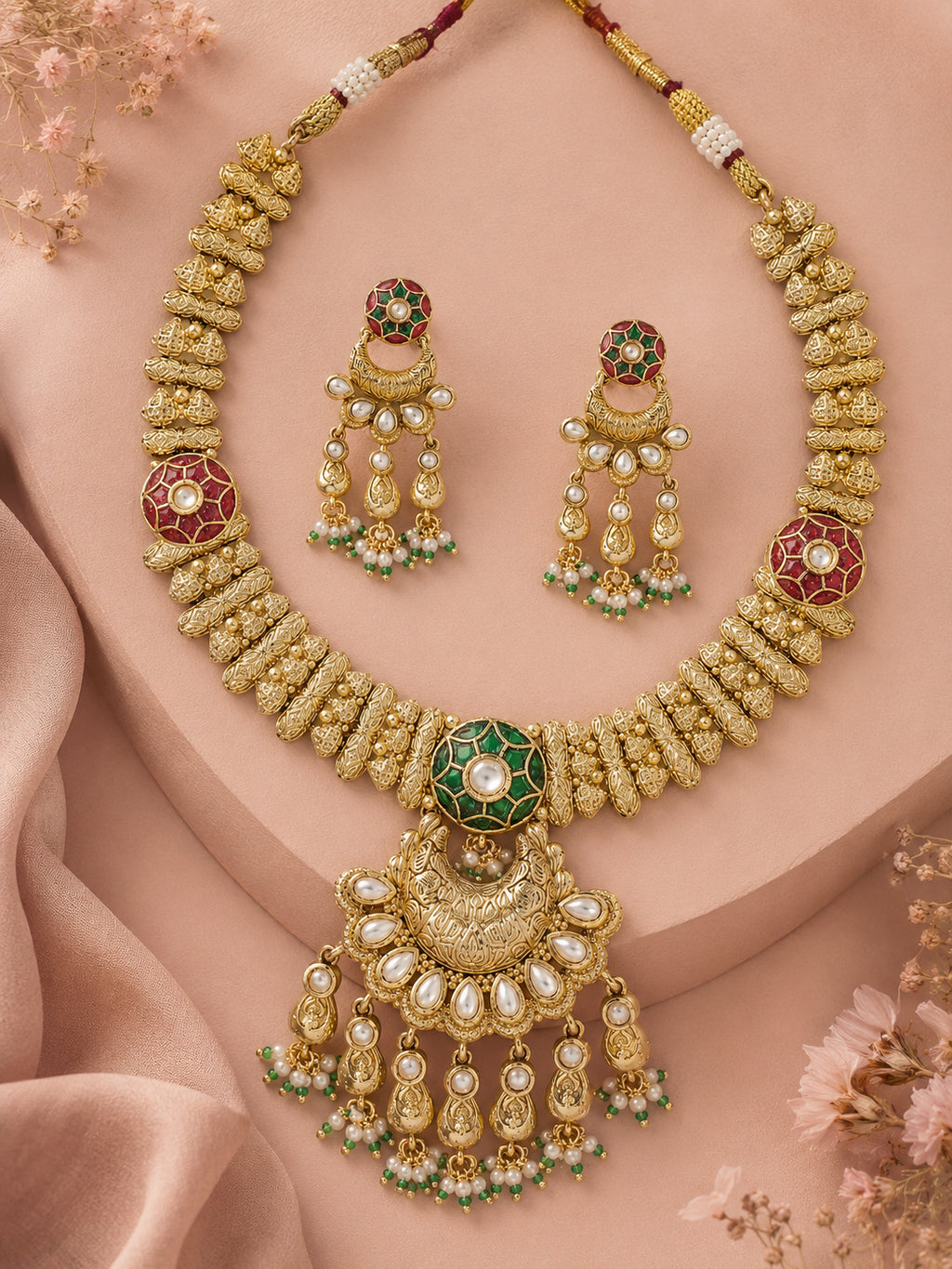 Aanura Bridal Kundan Pearl Choker Necklace with Earrings