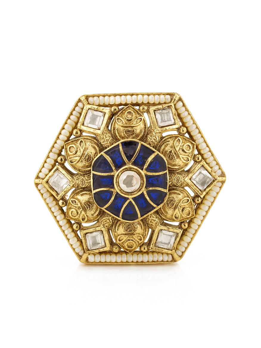Aanura Gold-Plated Hexagon Green & Ruby Statement Ring