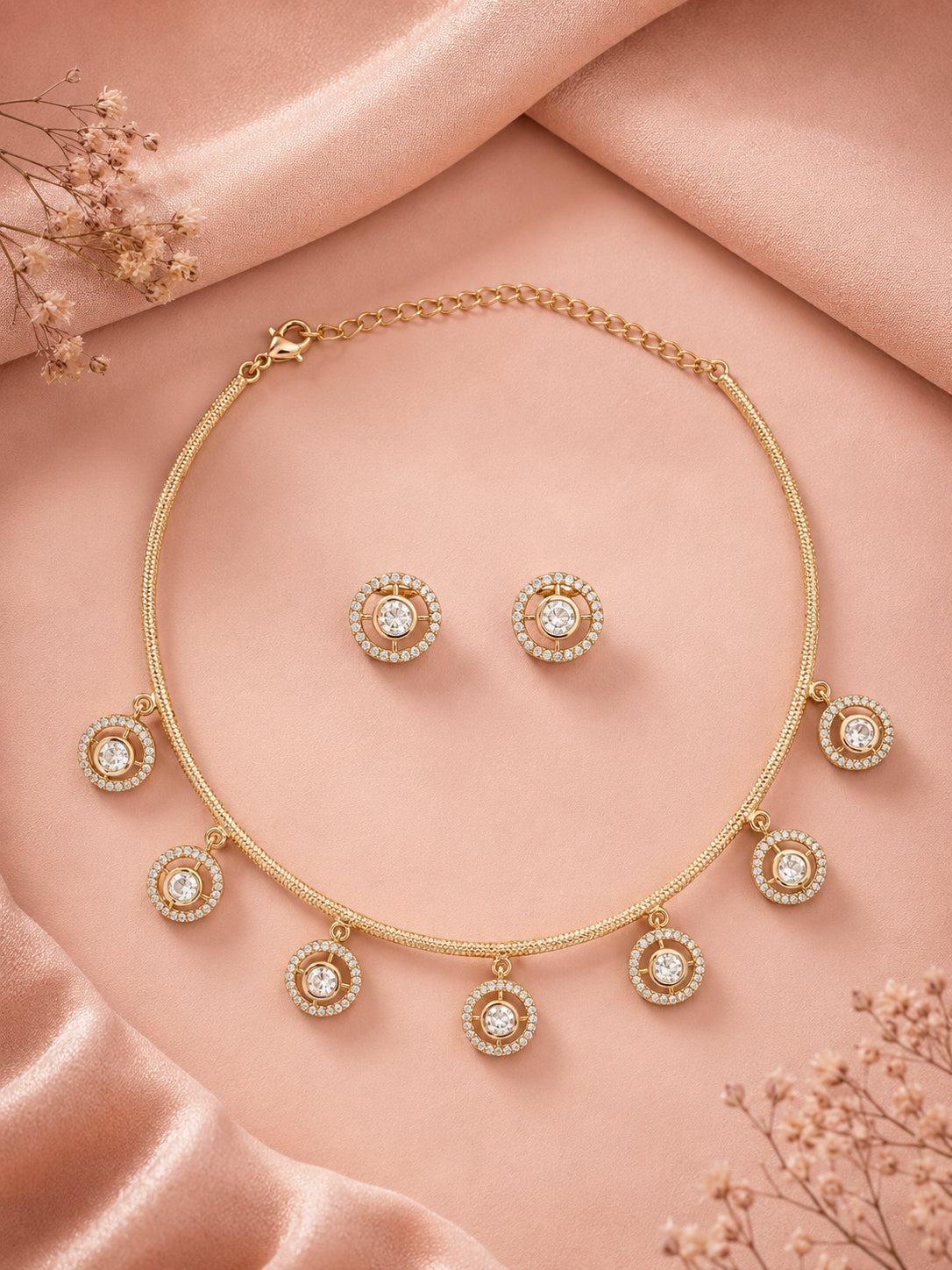 Aanura Minimal Gold Necklace Set with Round Crystal Drops