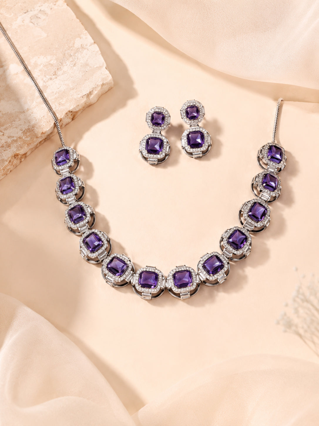 Aanura Purple Emerald-Cut Crystal Necklace Set Stainless