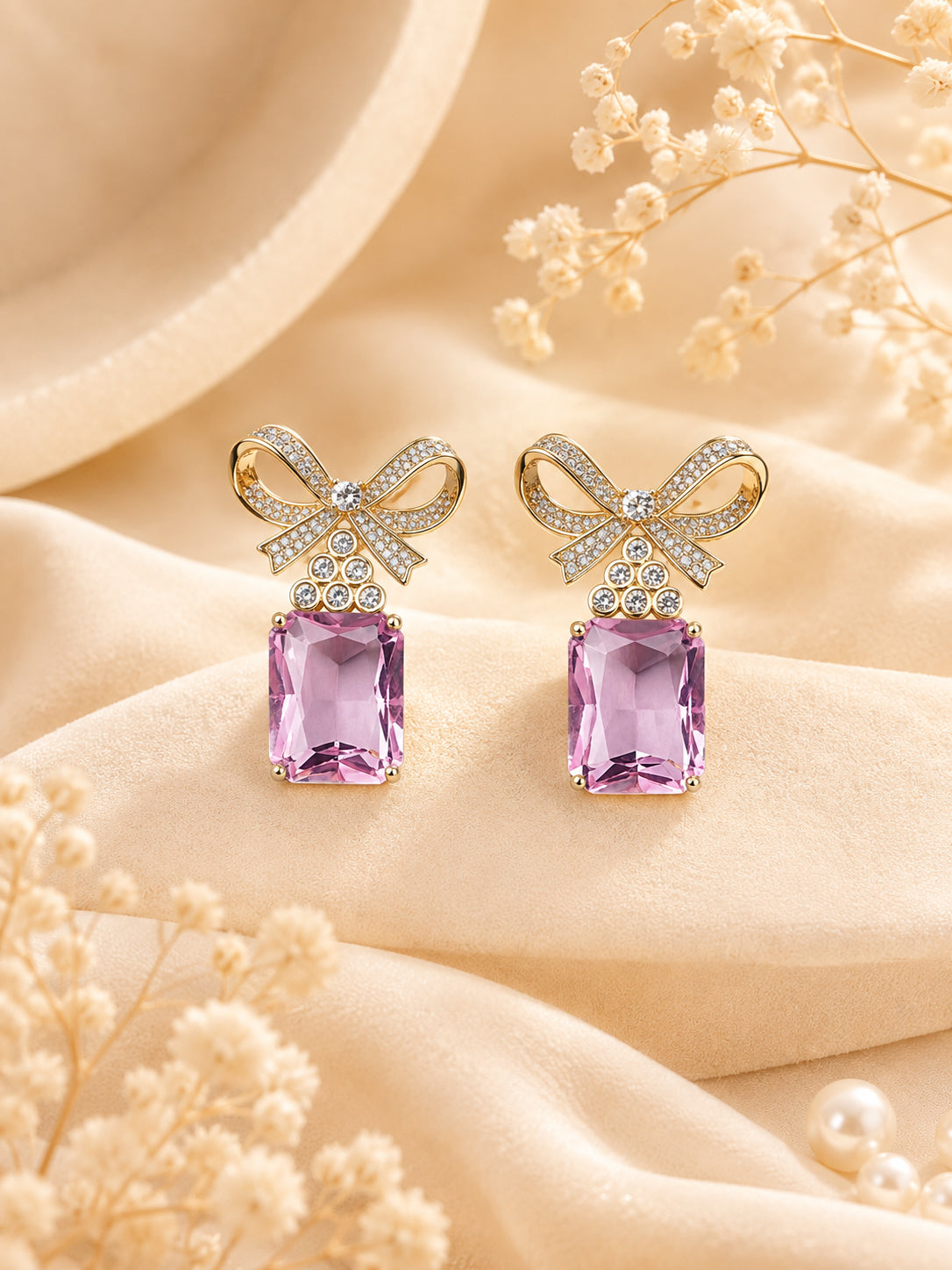 Pink Bow Gemstone Drop Earrings – Aanura