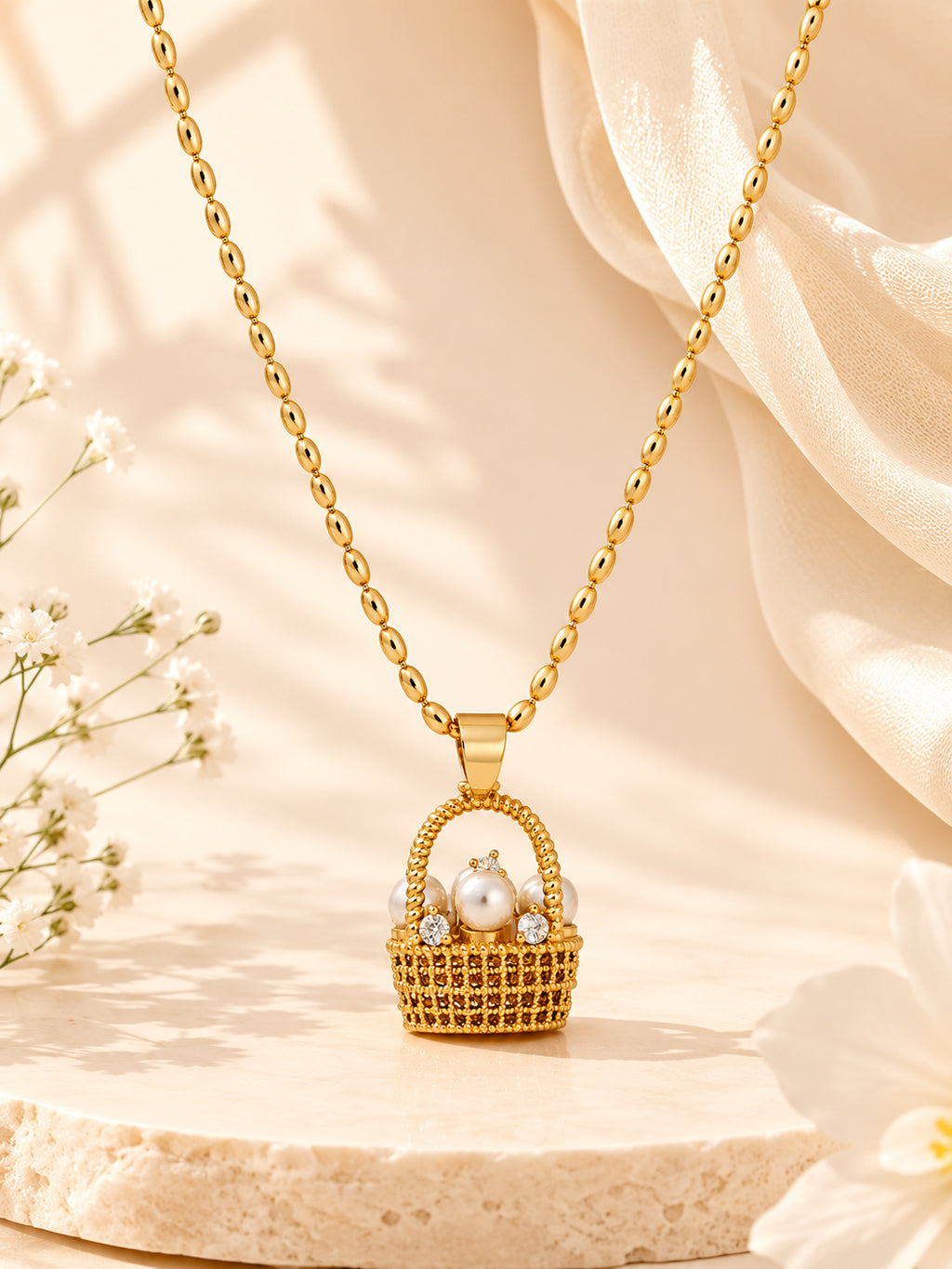 Oval-Link Pearl Basket Charm Necklace in 18K Gold Plating