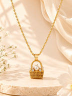 Oval-Link Pearl Basket Charm Necklace in 18K Gold Plating