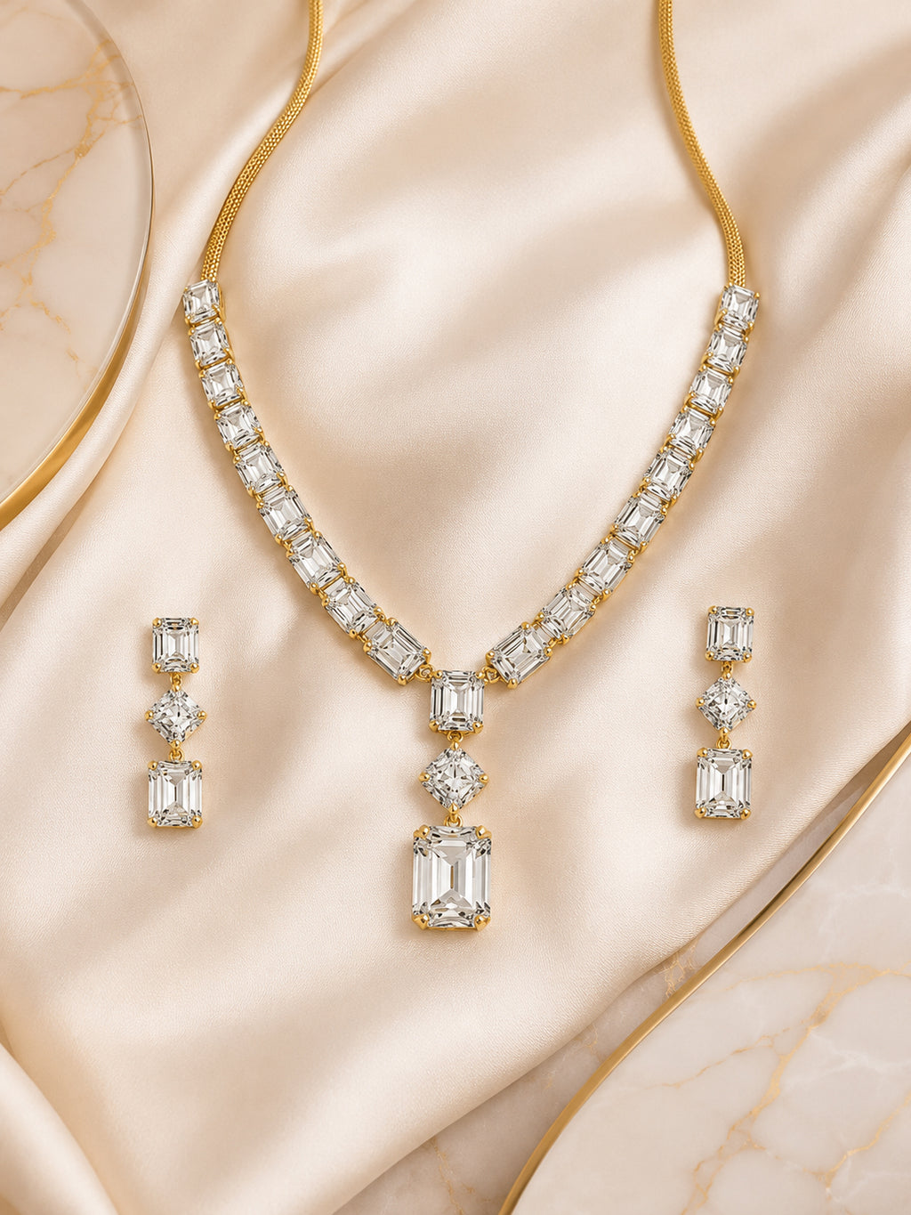 Aanura Emerald-Cut Diamond Necklace Set with Earrings