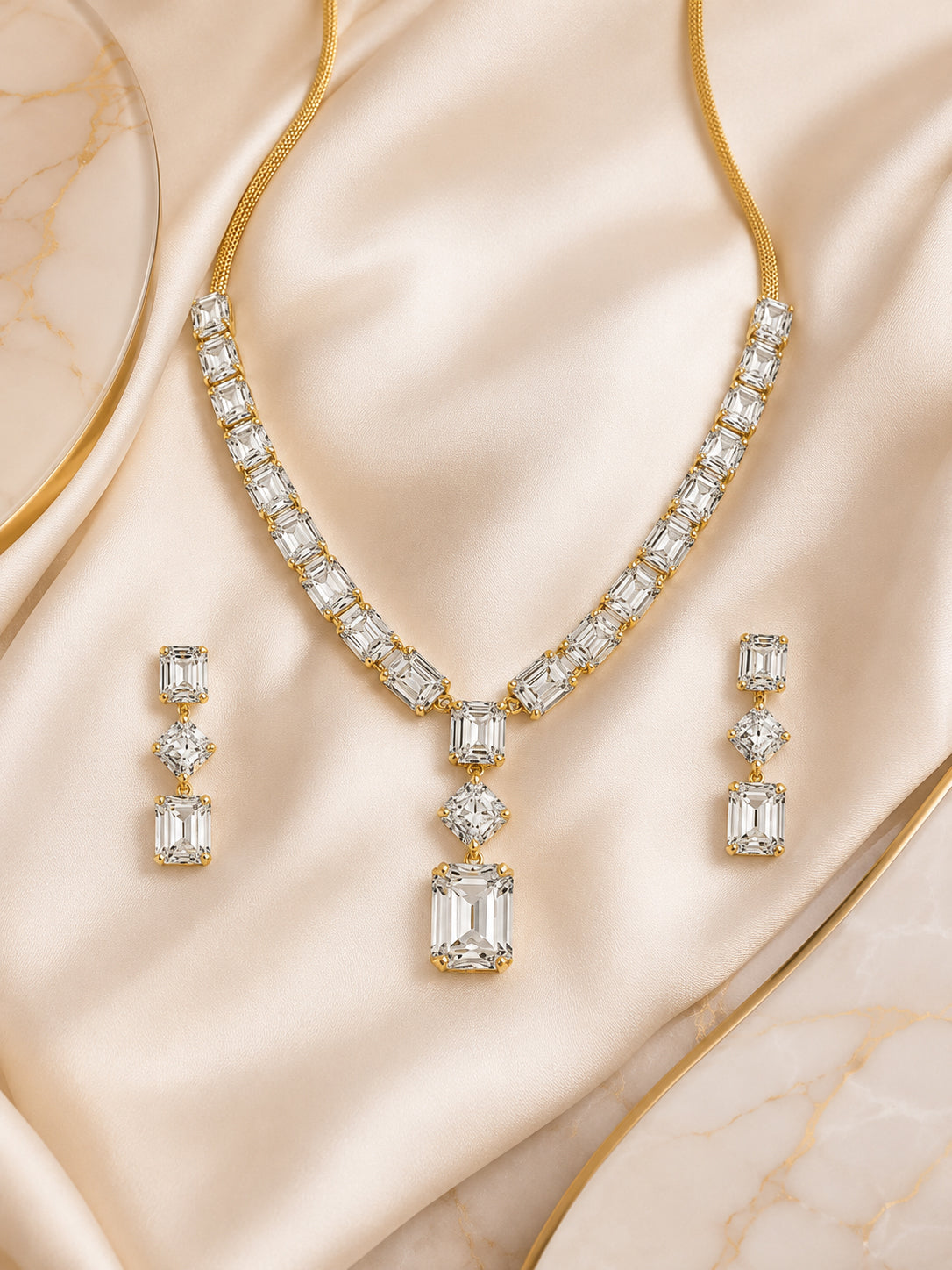 Aanura Emerald-Cut Diamond Necklace Set with Earrings