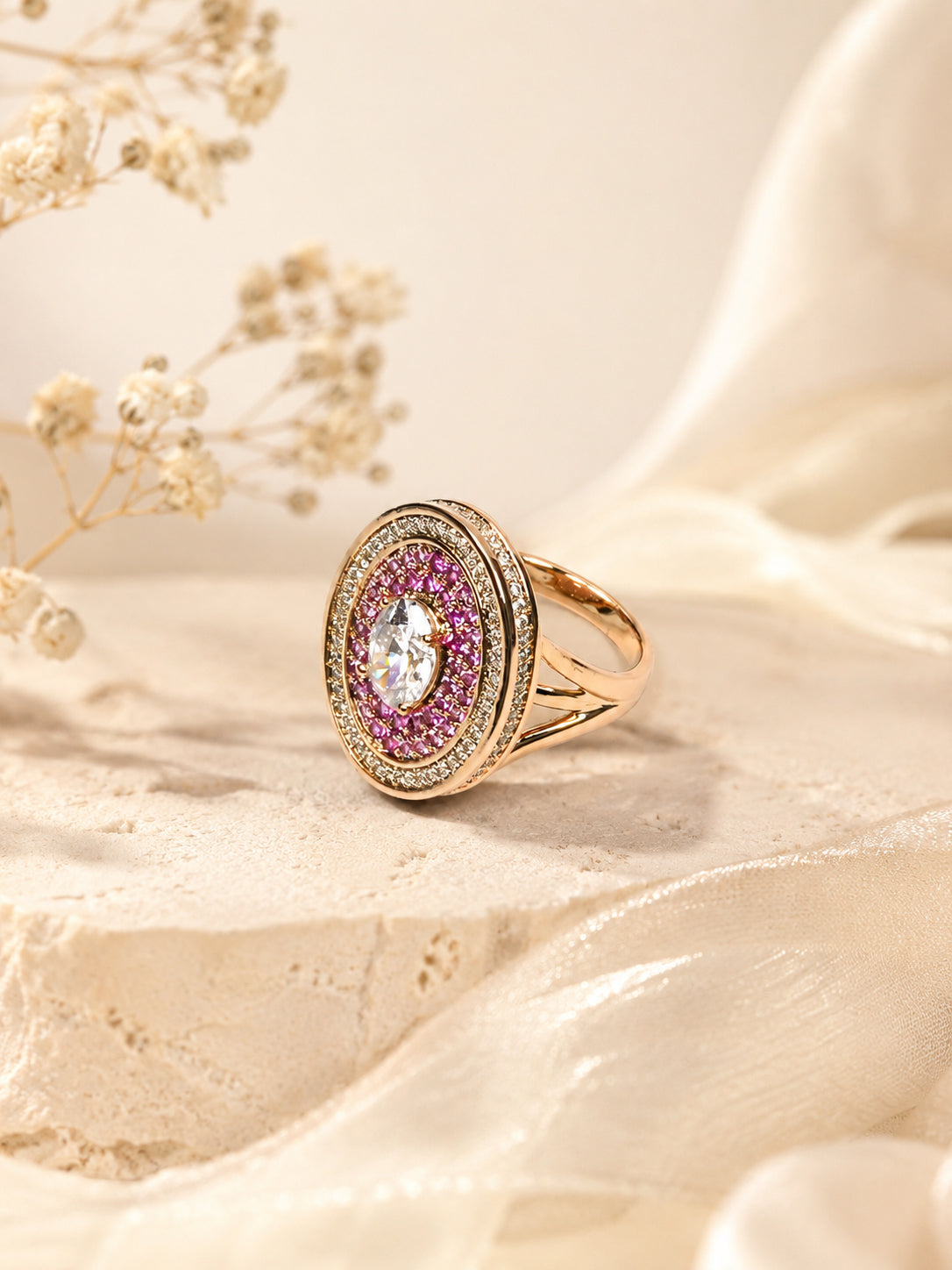 18K Gold Plated Oval Halo Anti-Tarnish Waterproof Ring