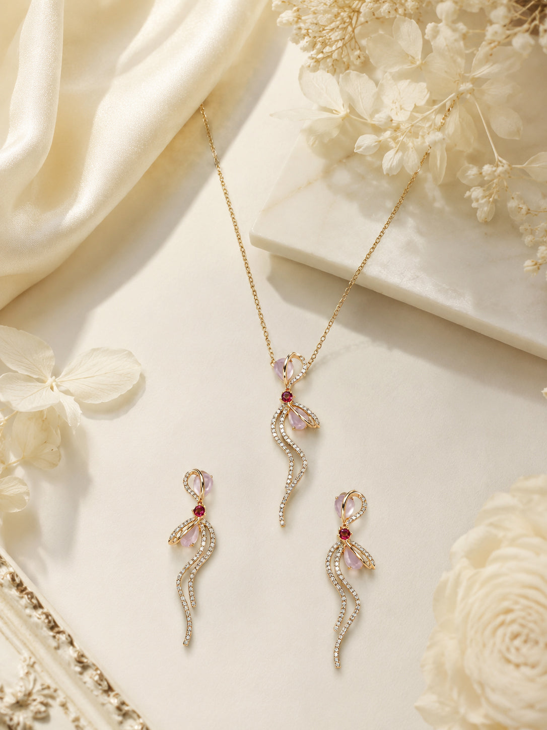 Aanura Floral Bow Necklace & Earrings Set