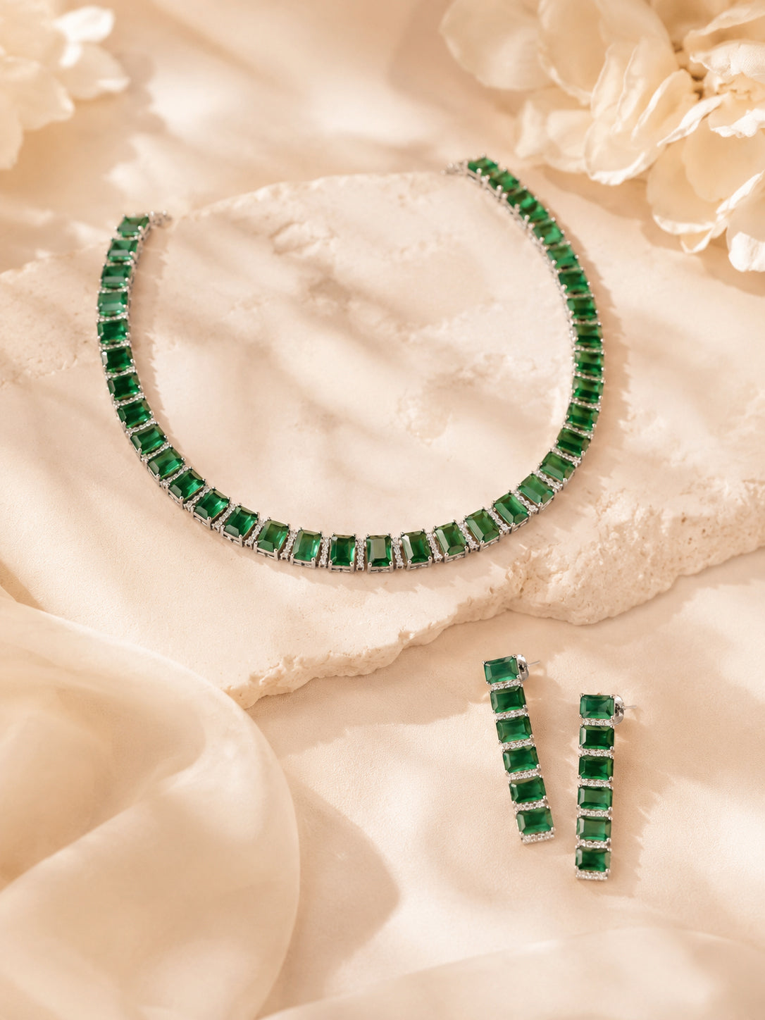 Aanura Green Emerald-Cut Necklace Set in Stainless Steel