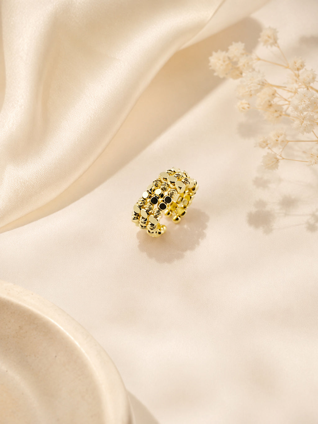 18K Gold Plated Layered Bead Open Band Ring