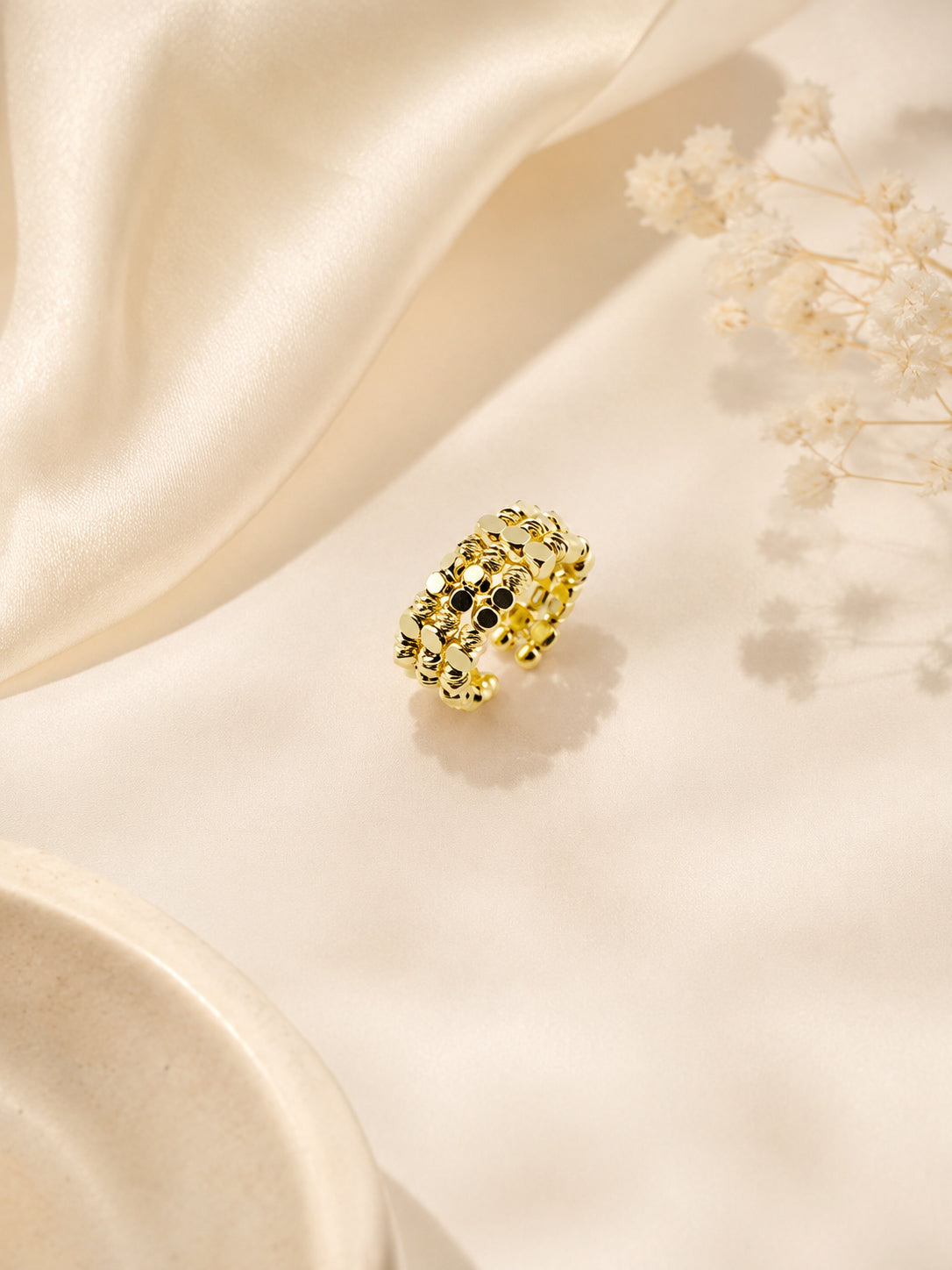 18K Gold Plated Layered Bead Open Band Ring
