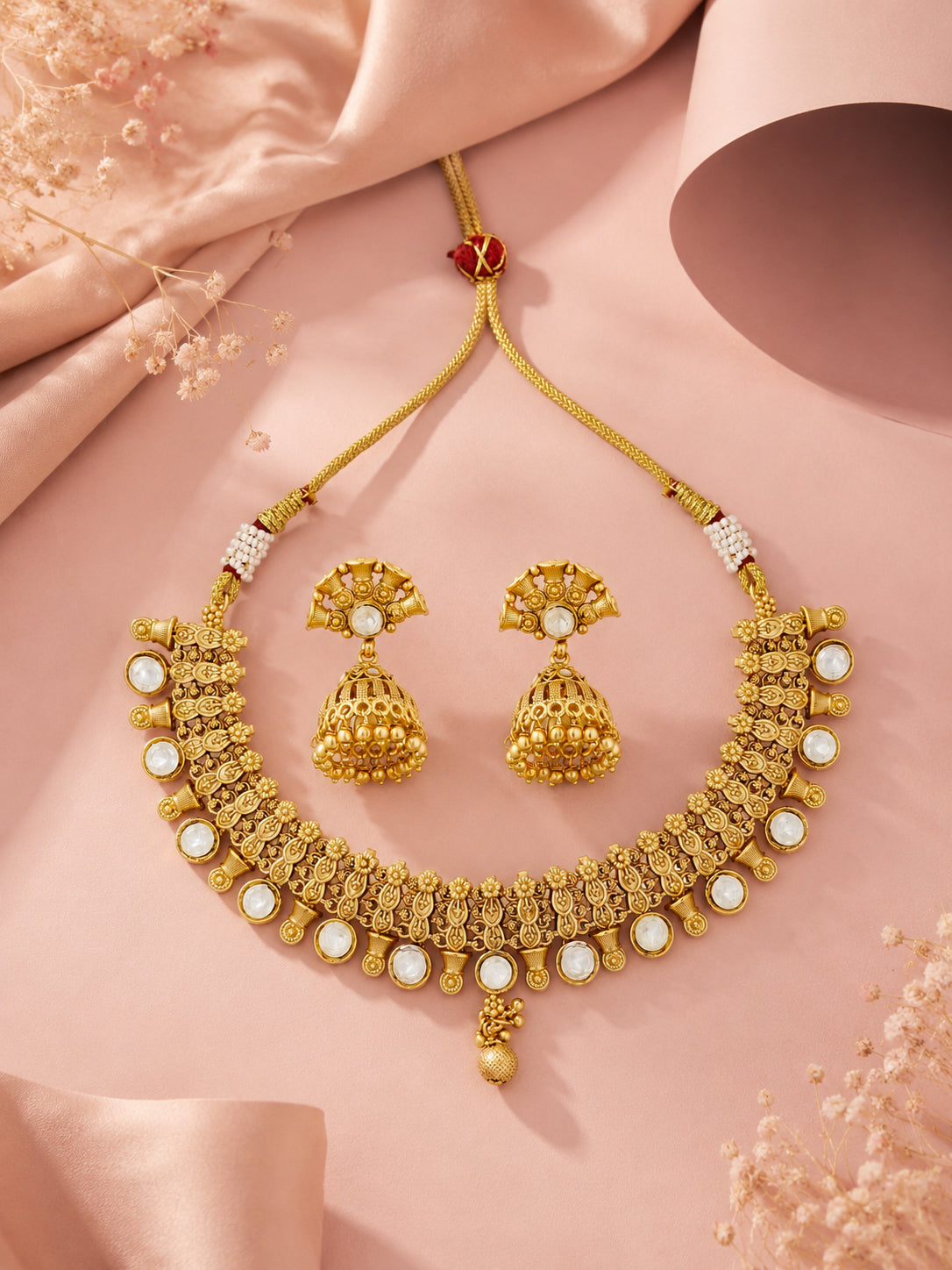Aanura Gold-Plated Kundan Necklace & Earrings Set