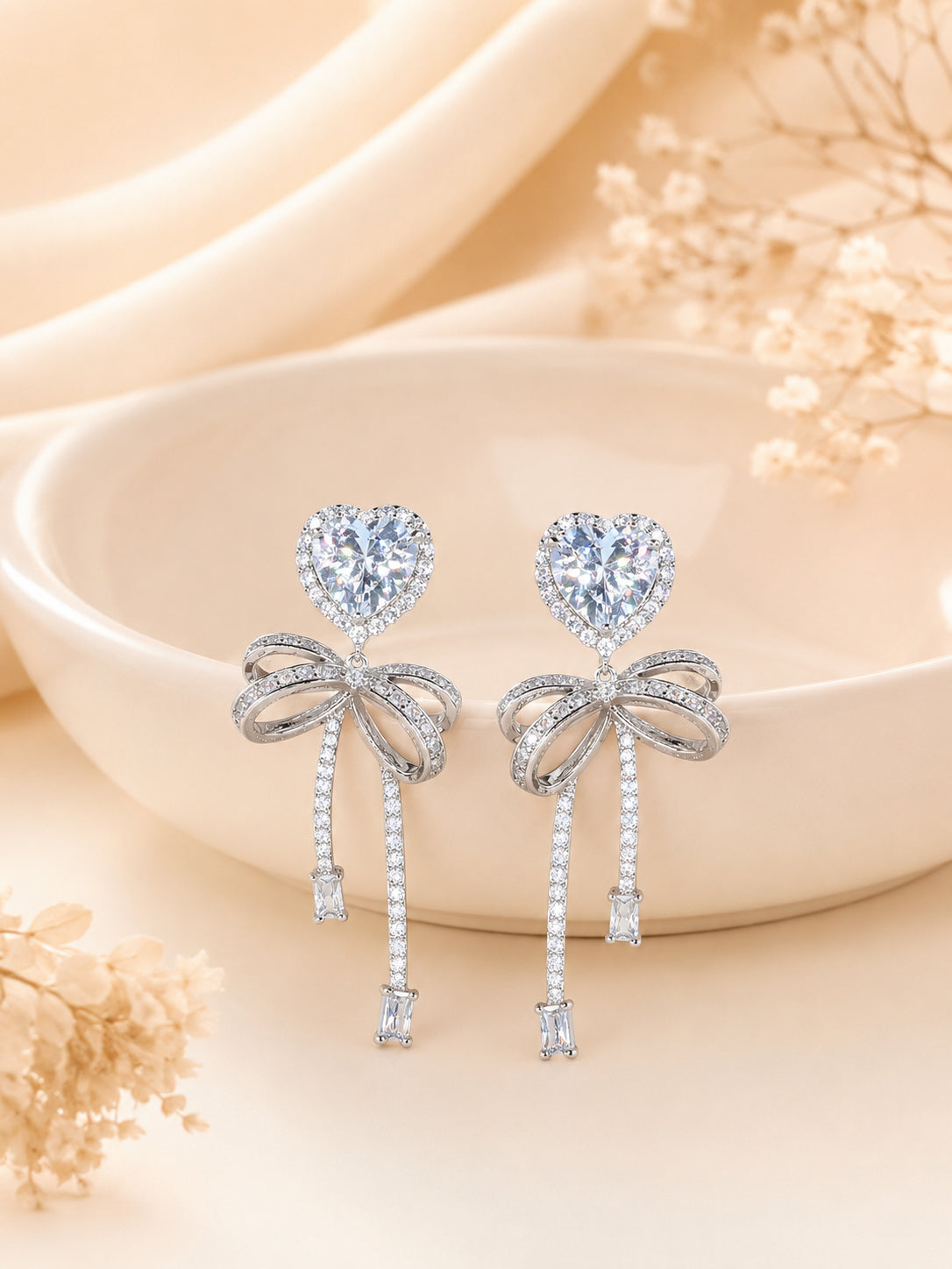Aanura Pink Heart & Bow Crystal Drop Earrings