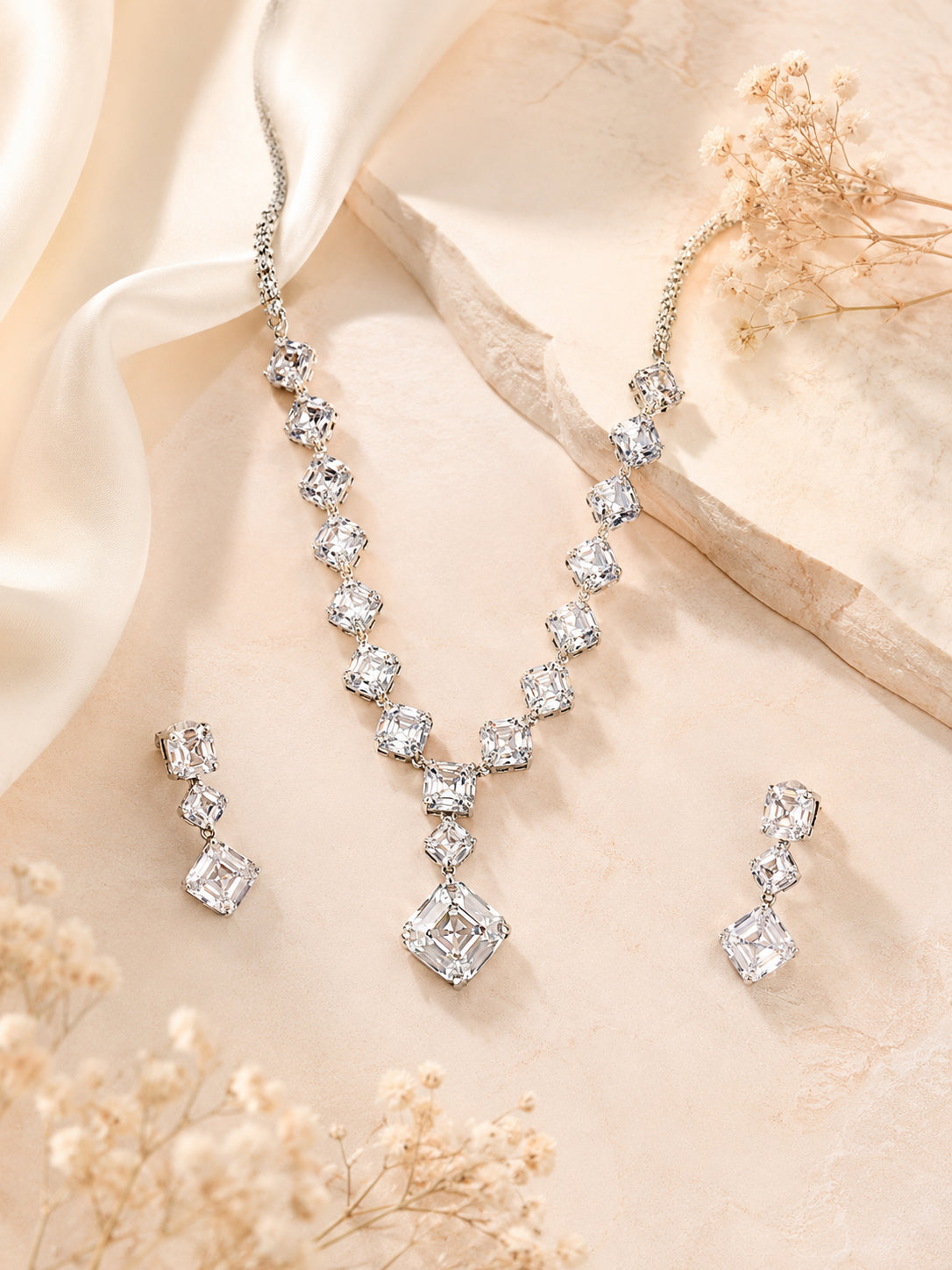 Aanura Square Crystal Necklace Set in Stainless Steel