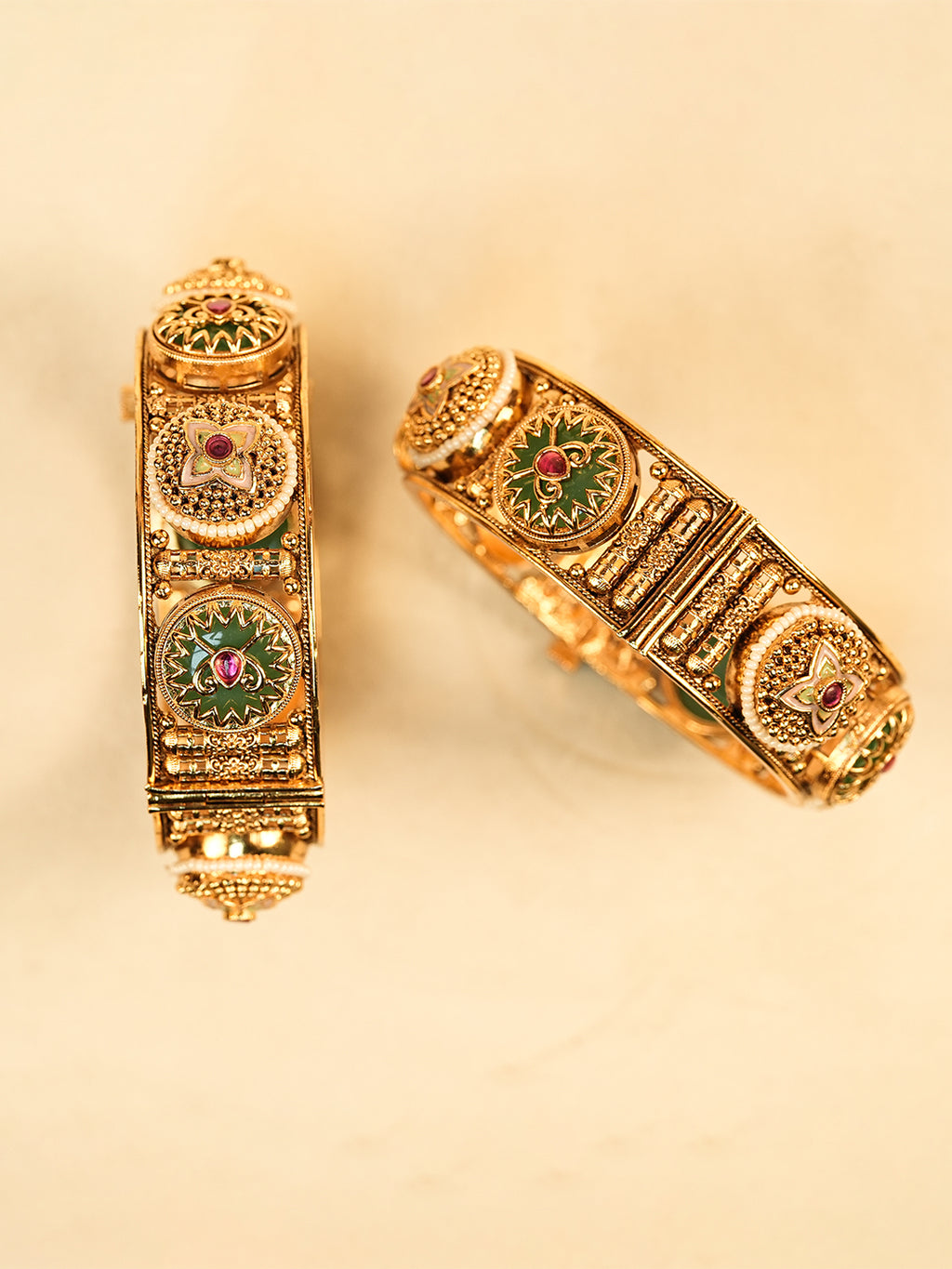 Aanura Gold Plated Antique Motif Stone Bangle