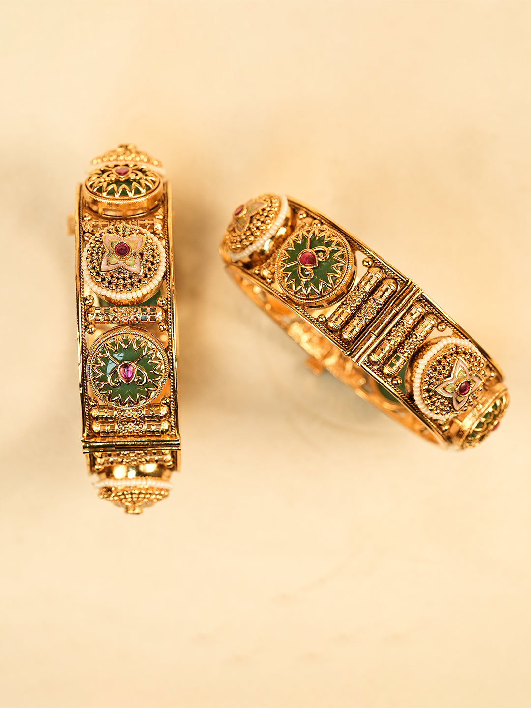 Aanura Gold Plated Antique Motif Stone Bangle