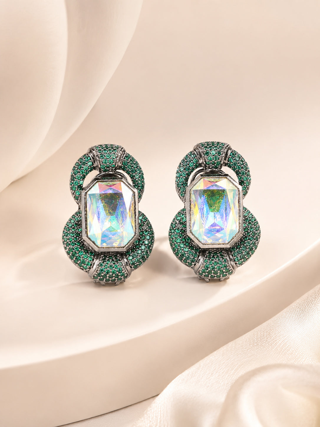 Aanura Emerald Halo Iridescent Crystal Stud Earrings