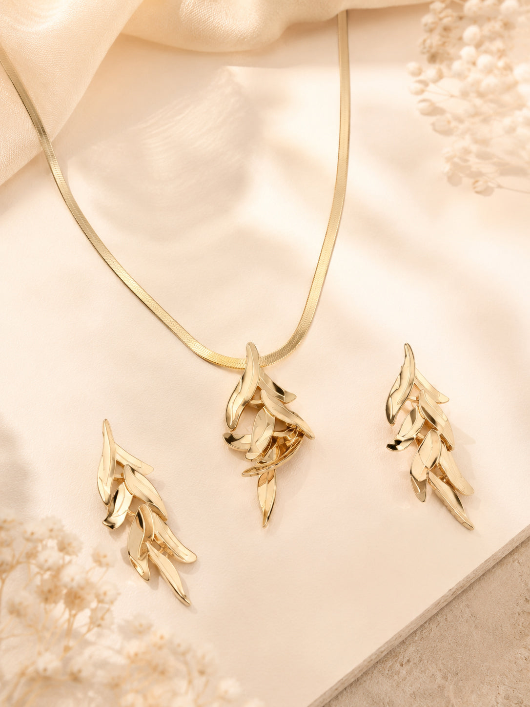 Aanura Golden Leaf Cascade Necklace & Earrings Set