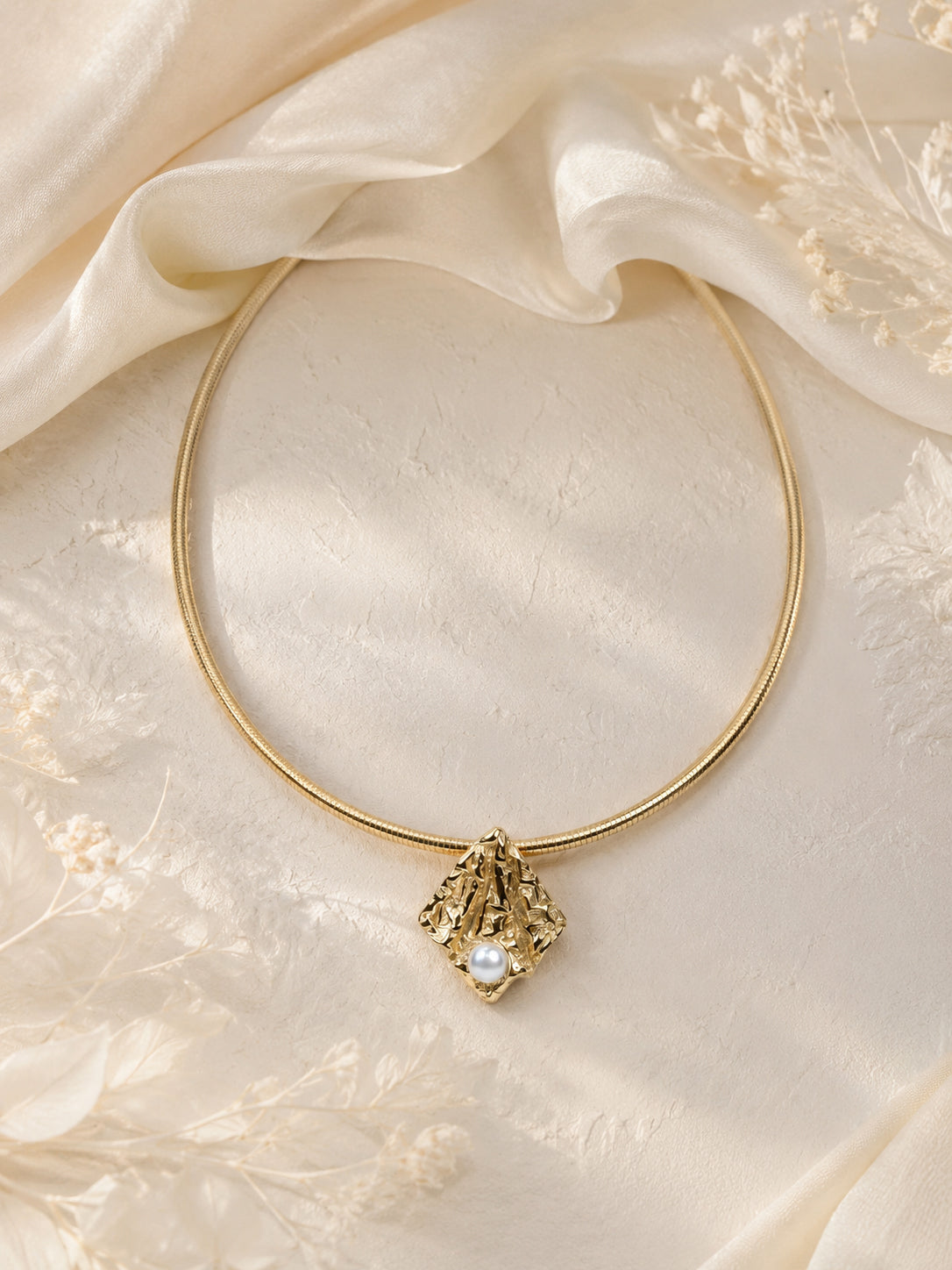 Aanura Gold Choker Necklace with Pearl Accent Charm