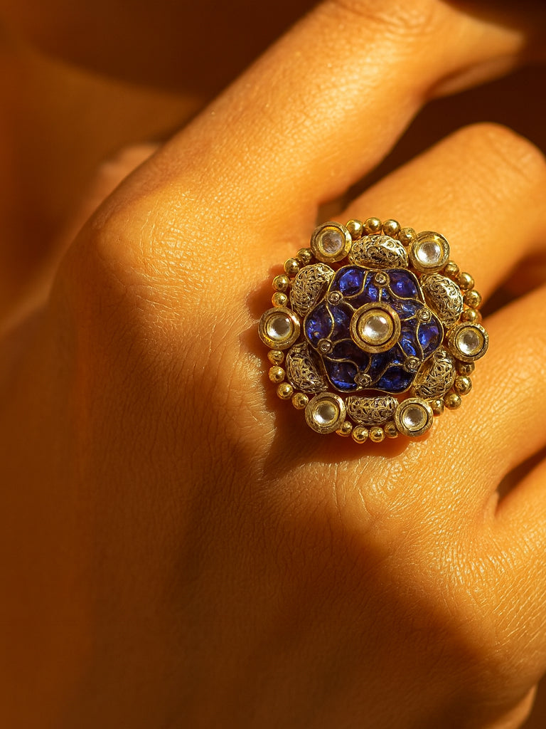 Aanura Gold-Plated Round Ruby & Green Floral Ring