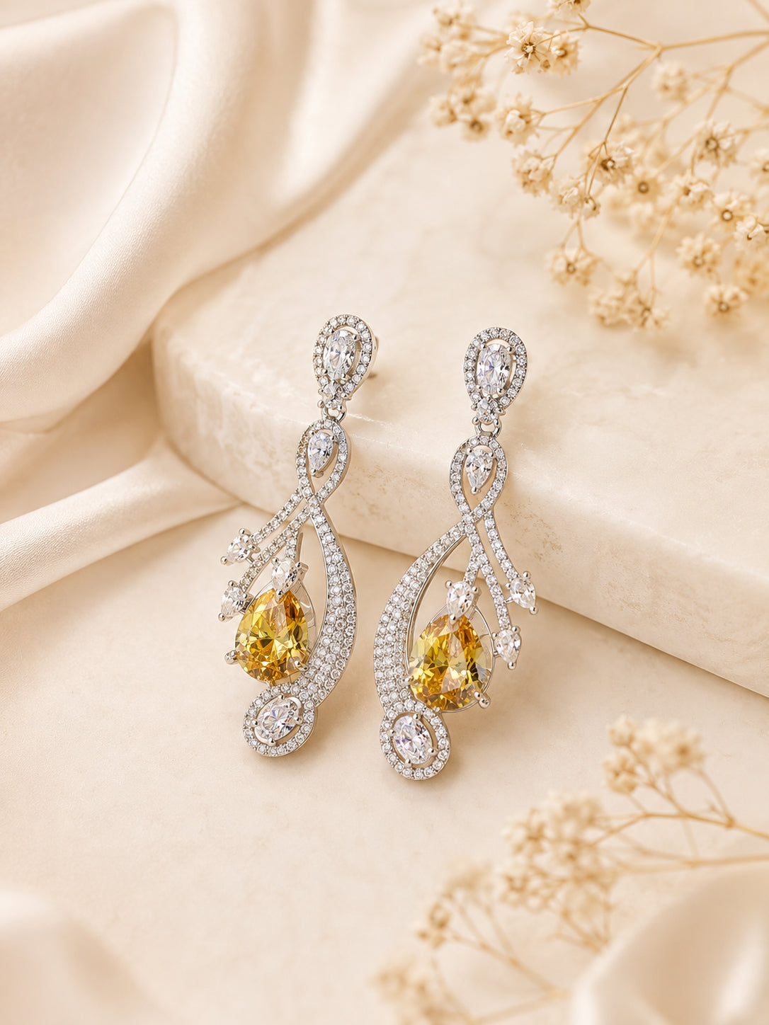 Aanura Silver Yellow Teardrop Crystal Drop Earrings
