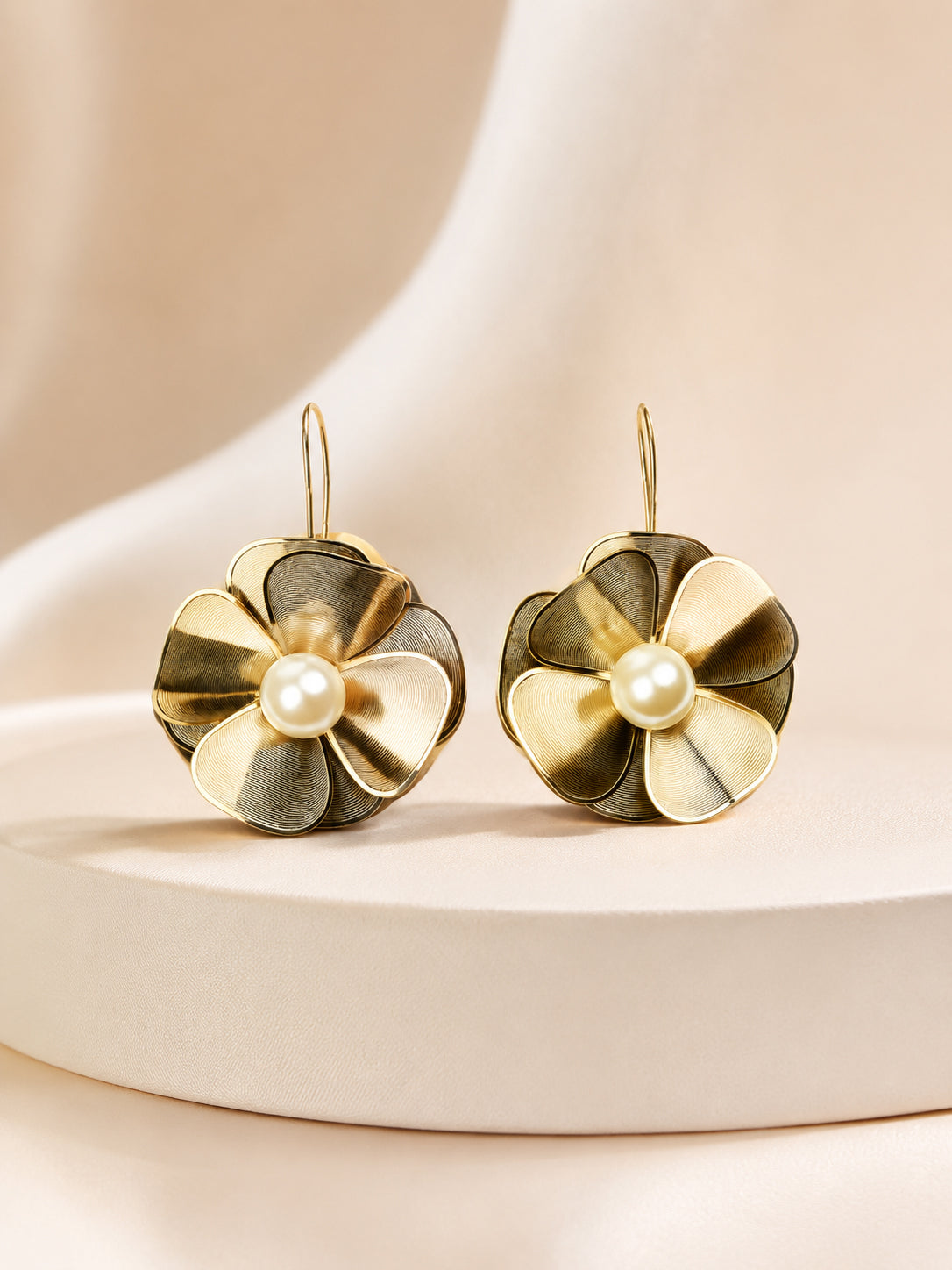 Aanura Floral Pearl Gold Statement Earrings