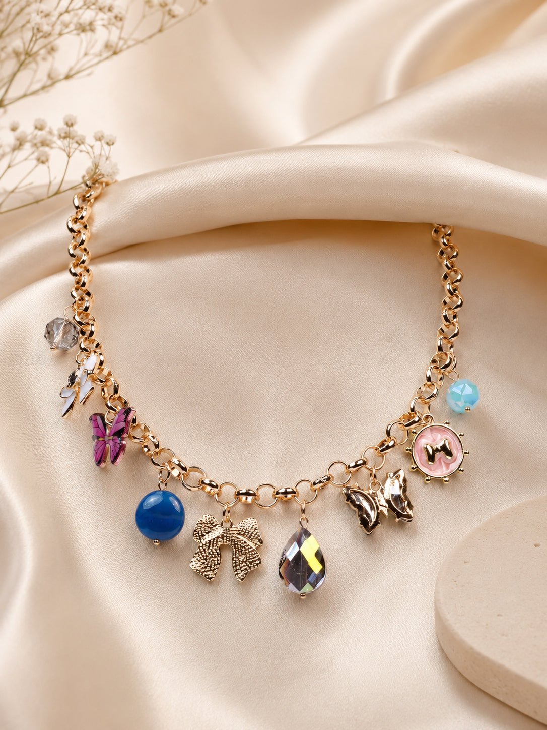 Aanura Gold Charm Necklace with Multicolor Pendants