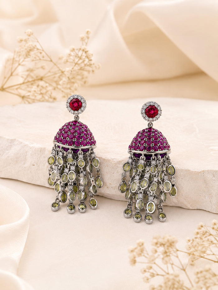 Aanura Red Dome Tassel Jhumka-Style Earrings