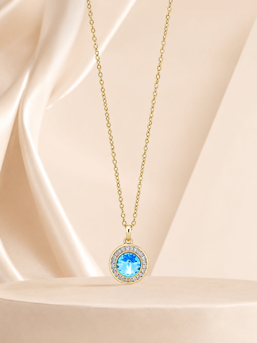 18K Gold Plated Sea Blue Halo Crystal Pendant Necklace