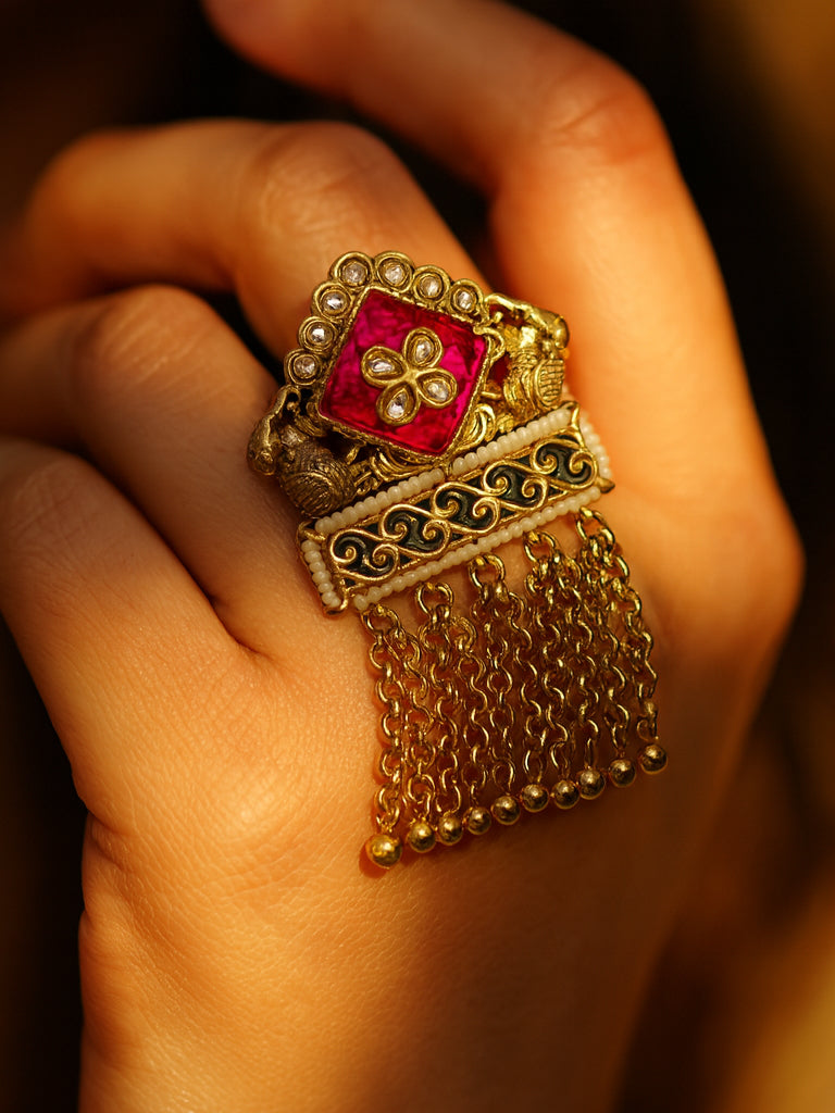 Aanura Gold-Plated Green Kundan Tassel Ring