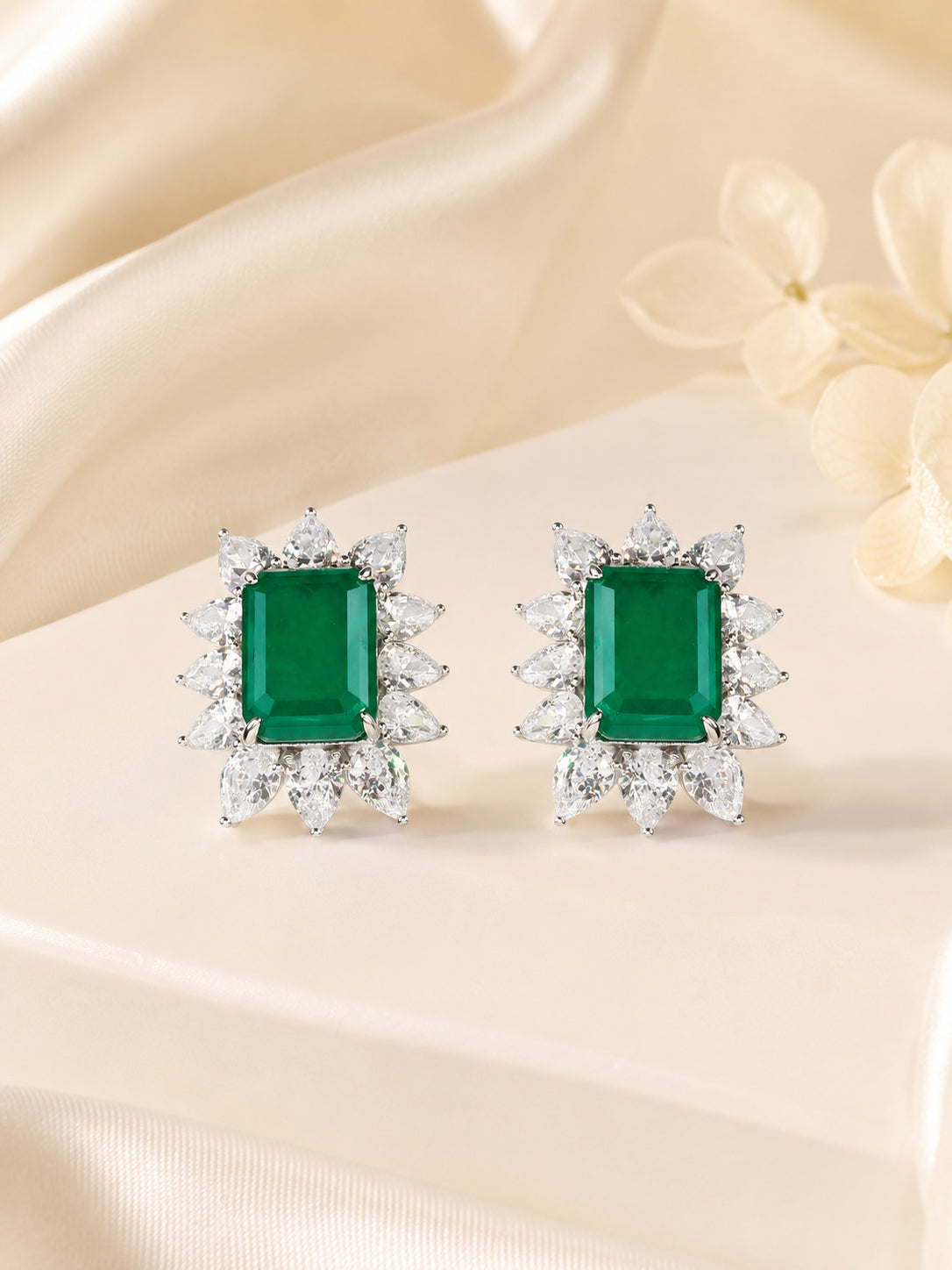 Aanura Emerald-Cut Green CZ Halo Statement Stud Earrings