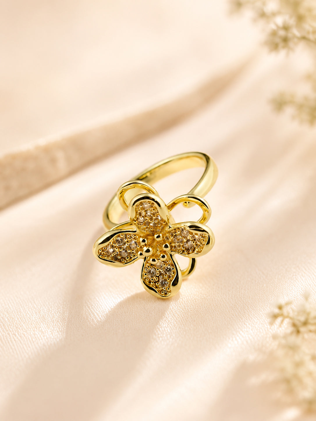Gold Plated Petal Bloom Crystal Anti-Tarnish Ring