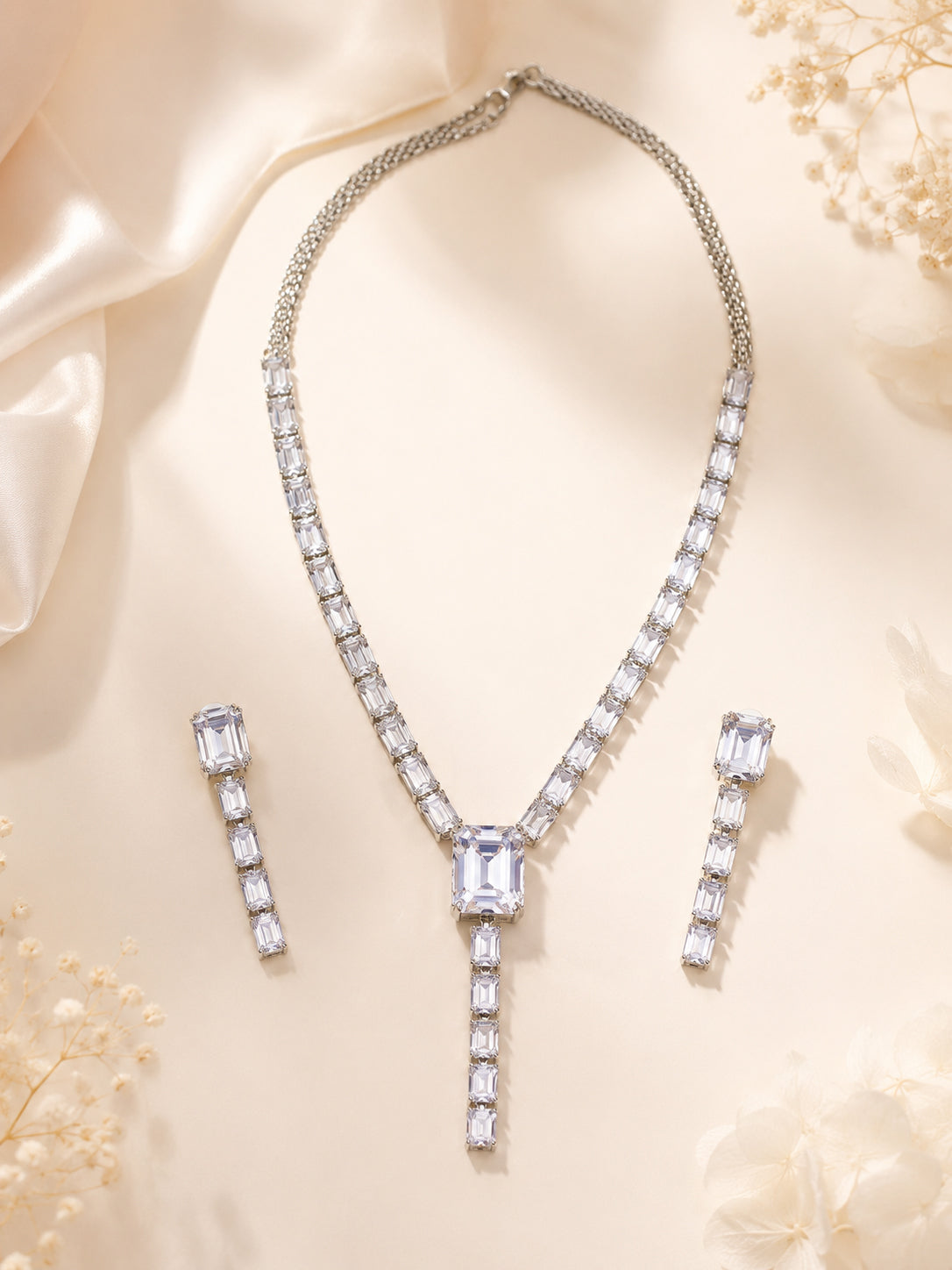 Aanura Clear Baguette Drop Necklace Set
