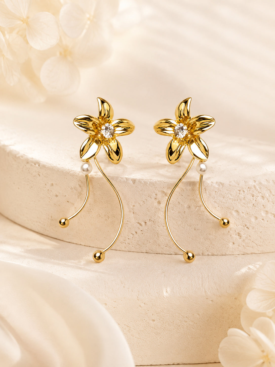Aanura Crystal Pearl Floral Long Drop Earrings