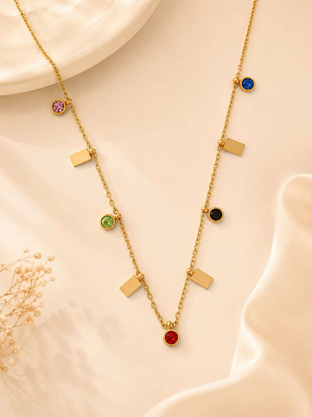 Multi-Colour Crystal Charm Necklace in 18K Gold Plating