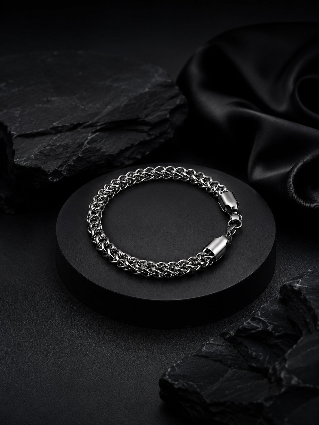 Rhodium Plated Curb Chain & Woven Bracelet Combo for Men