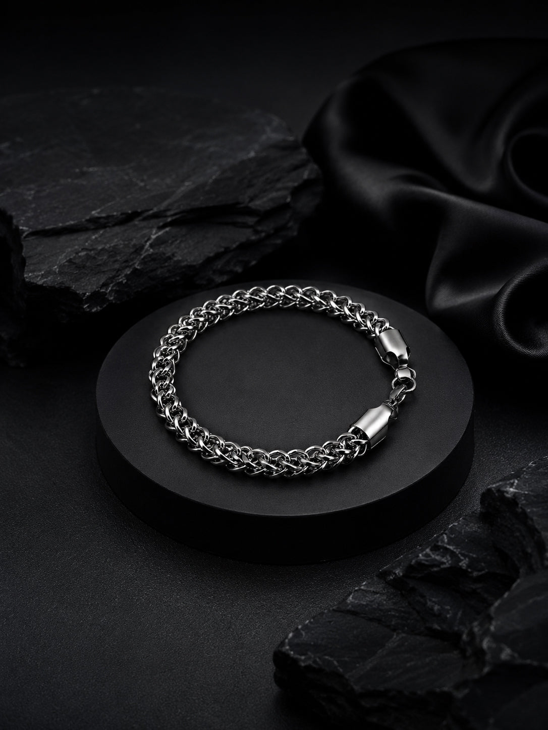 Rhodium Plated Curb Chain & Woven Bracelet Combo for Men