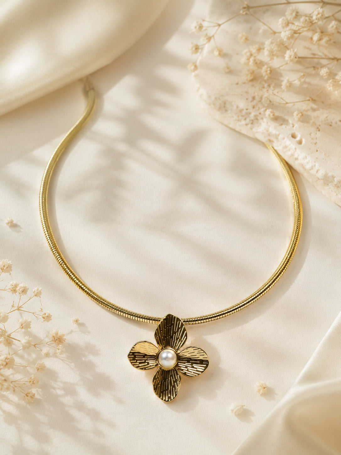 Aanura Gold Choker Necklace with Pearl Flower Pendant