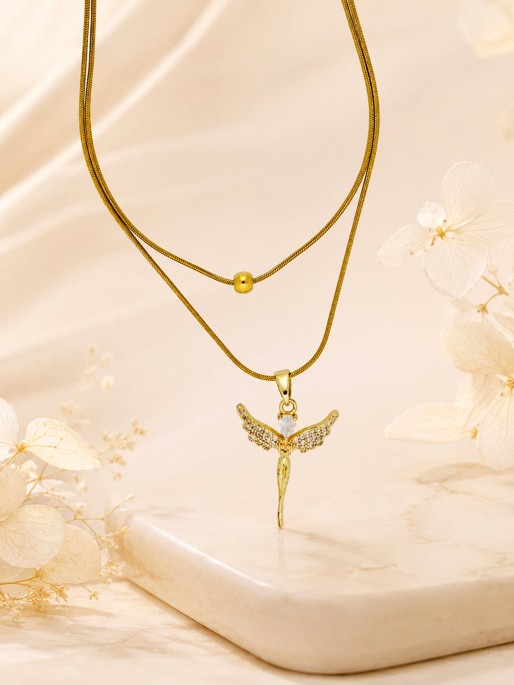 18K Gold Plated Angel Charm Layered Snake Chain Necklace