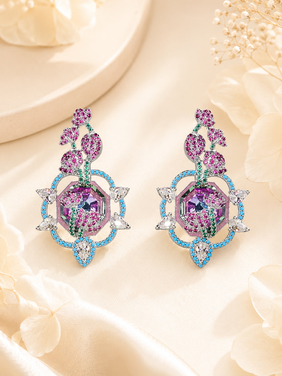 Aanura Floral Pink & Aqua Crystal Drop Earrings